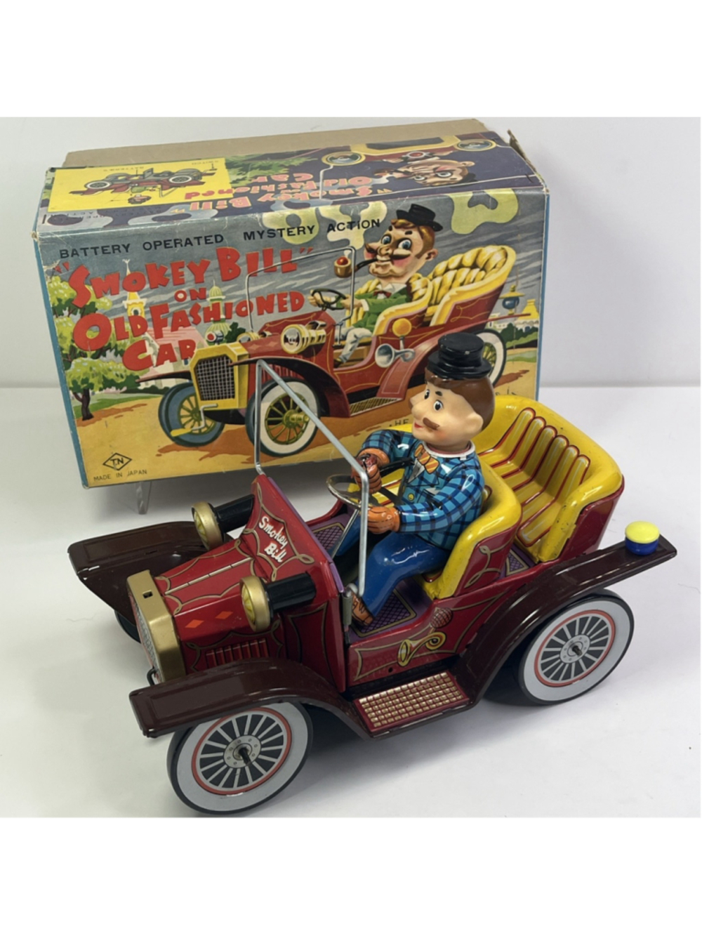 WORKING Smokey Bill On Old Fashioned Car Mystery Action Tin Toy Made In Japan